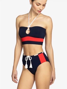 Robin Piccone Navy and Red High-Waist Bandeau Bikini